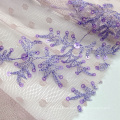 Polyester Embroidery Lace Mesh Fabric With Purple Sequin